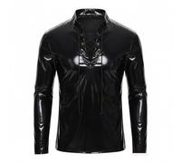 Generisch Camisa de cuero brillante para hombre, manga larga, cordón ajustable, aspecto mojado, látex, camiseta informal de piel sintética, camisa de manga larga con cordones, ropa para fiestas