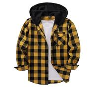Generisch Camisa de franela para hombre, camisa a cuadros de manga larga, camisa de leñador, camisa cálida con botón hacia abajo, camisa informal con bolsillo en el pecho y capucha, B08 Amarillo, S