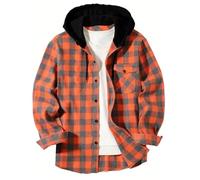 Generisch Camisa de franela para hombre, camisa a cuadros de manga larga, camisa de leñador, camisa cálida con botón hacia abajo, camisa informal con bolsillo en el pecho y capucha, B02 Orange, M