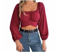 Generisch Camisa de gasa para mujer, con mangas casuales, con cordones en la cintura, parte superior del ombligo expuesta para mujer, túnica de verano, RD1., L