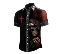 Generisch Camisa de Halloween para hombre con estampado de flores, camisa de calavera con botones, camisa de manga corta para verano, cómoda, ligera, camisa de ocio, delgada, transpirable, para