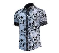 Generisch Camisa de Halloween para hombre con estampado de flores, camisa de calavera con botones, camisa de manga corta para verano, cómoda, ligera, camisa de ocio, delgada, transpirable, para
