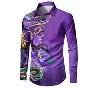 Generisch Camisa de hombre con estampado de carnaval digital 3D, diseño clásico con botones para elegantes tops de manga larga, morado, XXL