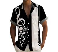 Generisch Camisa de hombre con estampado de notas musicales en blanco y negro - Camisa de ocio de manga corta con diseño gráfico musical | Camisa de declaración para aficionados a la música y salir