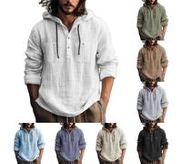 Generisch Camisa de lino para hombre, algodón, lino, sudadera con capucha para hombre, botones de manga larga, corte regular, camisa con capucha, monocolor, camisas ligeras para el tiempo libre, tela