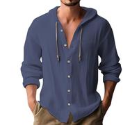 Generisch Camisa de lino para hombre de algodón de manga larga, holgada con capucha, camiseta de verano ligera y sencilla, de manga larga, transpirable, de secado rápido, con capucha, cordón, tiempo