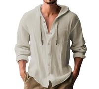 Generisch Camisa de lino para hombre de algodón de manga larga, holgada con capucha, camiseta de verano ligera y sencilla, de manga larga, transpirable, de secado rápido, con capucha, cordón, tiempo