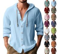 Generisch Camisa de lino para hombre de algodón de manga larga, holgada con capucha, camiseta de verano ligera y sencilla, de manga larga, transpirable, de secado rápido, con capucha, cordón, tiempo