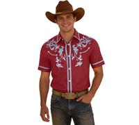 Generisch Camisa de manga corta con estampado de vaquero occidental, camisa informal de campamento con botones y diseño clásico de canesú para hombre en la calle, rojo, 4XL