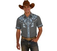 Generisch Camisa de manga corta con estampado de vaquero occidental, camisa informal de campamento con botones y diseño clásico de canesú para hombre en la calle, gris, L