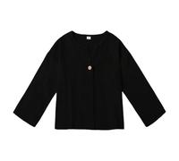 Generisch Camisa de manga corta de lino transpirable cómoda casual color sólido primavera cuello en V mezcla de algodón, Negro , 6-7 años