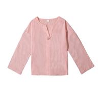 Generisch Camisa de manga corta de lino transpirable cómoda casual color sólido primavera cuello en V mezcla de algodón, rojo, 4-5 años