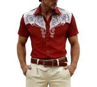 Generisch Camisa de manga corta estampada 2026 con estampado occidental medieval, tejido mixto transpirable, ideal para ocio y ocio., rojo, M
