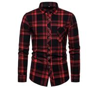 Generisch Camisa de manga larga a cuadros para hombre, informal, holgada, camisa de moda, rojo, L