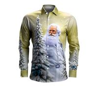 Generisch Camisa de manga larga con botones y estampado digital de Papá Noel para hombre, amarillo, L