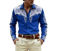 Generisch Camisa de manga larga con estampado integral para temas casuales de vaquero occidental, camisa de hombre en estilo clásico para carnaval y tiempo libre, azul, L