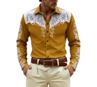 Generisch Camisa de manga larga con estampado integral para temas casuales de vaquero occidental, camisa de hombre en estilo clásico para carnaval y tiempo libre, amarillo, L