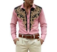 Generisch Camisa de manga larga con estampado para trajes festivos occidentales y vaqueros - Camisa medieval con botones para el tiempo libre y fiestas., Rosa., XXL