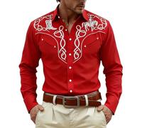 Generisch Camisa de manga larga estampada de estilo vaquero occidental medieval para festivales casuales y aventuras, un top abotonado aventurero para el día a día y eventos., rojo, XL