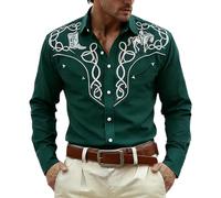 Generisch Camisa de manga larga estampada de estilo vaquero occidental medieval para festivales casuales y aventuras, un top abotonado aventurero para el día a día y eventos., Verde oscuro., S