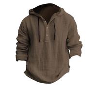 Generisch Camisa de manga larga para hombre, camisa de lino para hombre, verano, verano, algodón, lino, sudadera con capucha, fina, monocolor, camiseta Henley con botones, sudadera con capucha
