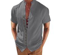 Generisch Camisa de manga larga para hombre, sin planchado, camisa para hombre, vacaciones, mar, ocio, botón suelto, cuello alto, monocolor, manga corta, camisas de moda para hombre, gris oscuro, XXL
