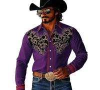 Generisch Camisa de ocio para hombre con diseño occidental con estampado vaquero de manga larga con botones para el día a día y deporte, Color morado oscuro., S