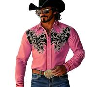 Generisch Camisa de ocio para hombre con diseño occidental con estampado vaquero de manga larga con botones para el día a día y deporte, Rosa intenso., 4XL