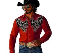 Generisch Camisa de ocio para hombre con diseño occidental con estampado vaquero de manga larga con botones para el día a día y deporte, rojo, 5XL