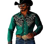 Generisch Camisa de ocio para hombre con diseño occidental con estampado vaquero de manga larga con botones para el día a día y deporte, Verde oscuro., 3XL