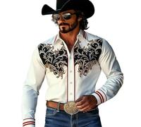 Generisch Camisa de ocio para hombre con diseño occidental con estampado vaquero de manga larga con botones para el día a día y deporte, Blanco, XXL