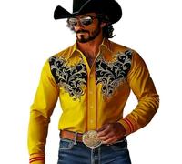 Generisch Camisa de ocio para hombre con diseño occidental con estampado vaquero de manga larga con botones para el día a día y deporte, amarillo, 5XL