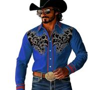Generisch Camisa de ocio para hombre con diseño occidental con estampado vaquero de manga larga con botones para el día a día y deporte, azul, 3XL