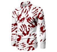 Generisch Camisa estampada con manchas de sangre para fiesta masculina de Halloween de manga larga con cuello vuelto, Vino, XL
