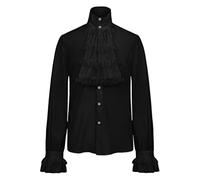 Generisch Camisa gótica de encaje para hombre cuello alto manga larga plisada blusa, Negro , L