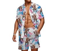 Generisch Camisa hawaiana para hombre, camisa hawaiana, flores, verano, 2 piezas, ropa de ocio, manga corta, camisa de playa y pantalones cortos, para hombre, vacaciones, playa, conjunto elegante para