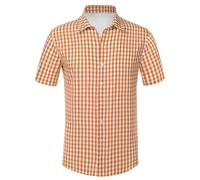 Generisch Camisa informal de manga corta para hombre, mezcla de lino con cuello a cuadros, transpirable, cómoda para el día a día, tiempo libre, fiestas de cerveza en primavera, naranja, XL