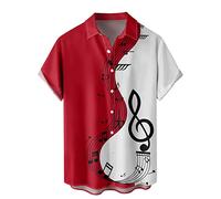 Generisch Camisa informal para hombre con estampado de retazos musicales, camisa de manga corta, camiseta de manga corta, parte superior, cuello vuelto, blusa, rojo, XXL