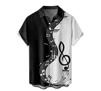 Generisch Camisa informal para hombre con estampado de retazos musicales, manga corta, cuello vuelto, blusa para hombres elegantes, Negro , XXL