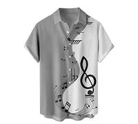 Generisch Camisa informal para hombre con estampado de retazos musicales, manga corta, cuello vuelto, blusa para hombres elegantes, gris, 3XL