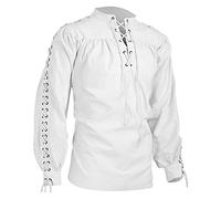 Generisch Camisa medieval para hombre: camisas informales de manga larga de gran tamaño con cuello en V camisa de encaje vintage camisas de lino steampunk pirata camisa renacentista Halloween disfraz