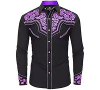 Generisch Camisa occidental para hombre con estampado vaquero, camisa occidental vintage, camisa de solapa con botón hacia abajo, camisas para el tiempo libre, camisa de vaquero, camisa floral, morado