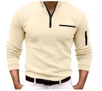 Generisch Camisa Polo de Manga Larga para Hombre con Cuatrito de Cremallera, para el Trabajo, para el Día a Día, de Manga Larga, Moderna, Cómoda, de un Solo Color, con Bolsillo, Talla Normal, beige, L