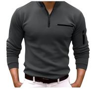 Generisch Camisa Polo de Manga Larga para Hombre con Cuatrito de Cremallera, para el Trabajo, para el Día a Día, de Manga Larga, Moderna, Cómoda, de un Solo Color, con Bolsillo, Talla Normal, gris, M