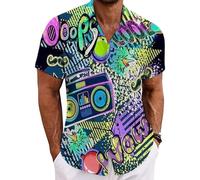 Generisch Camisa retro de los años 80 para hombres con estampado tropical exótico camisa de manga corta con botones casual moda casual verano ropa de playa, multicolor, L