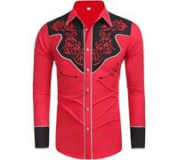 Generisch Camisas de manga corta para hombre estampado de estilo occidental, personalidad holgada, camisa de manga larga camisa blanca para hombre, rojo, XL
