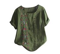 Generisch Camisas de mujer sueltas casuales flores de algodón lavanda lino estampado blusa de mujer traje de neón para mujer, Verde militar., XXL