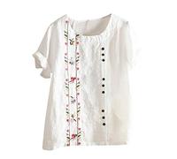 Generisch Camisas de mujer sueltas casuales flores de algodón lavanda lino estampado blusa de mujer traje de neón para mujer, Blanco, XXL