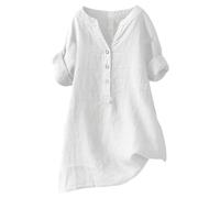 Generisch Camisas para mujer con botones, cuello en V, tops de manga larga, blusas elegantes de moda, informales, holgadas, cómodas, ropa túnica 2026, Blanco, XL