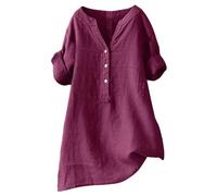 Generisch Camisas para mujer con botones, cuello en V, tops de manga larga, blusas elegantes, informales, sueltas, cómodas, túnicas para mujer, tallas grandes, rojo, L